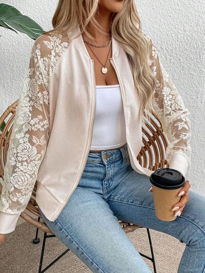 Lace baseball collar zip up jacket.
