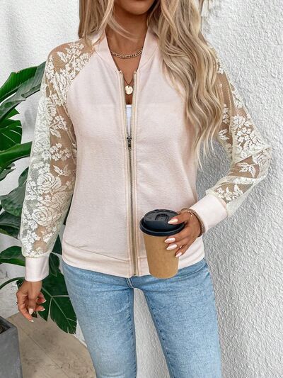 Lace baseball collar zip up jacket.