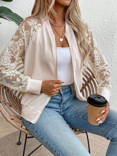 Lace baseball collar zip up jacket.