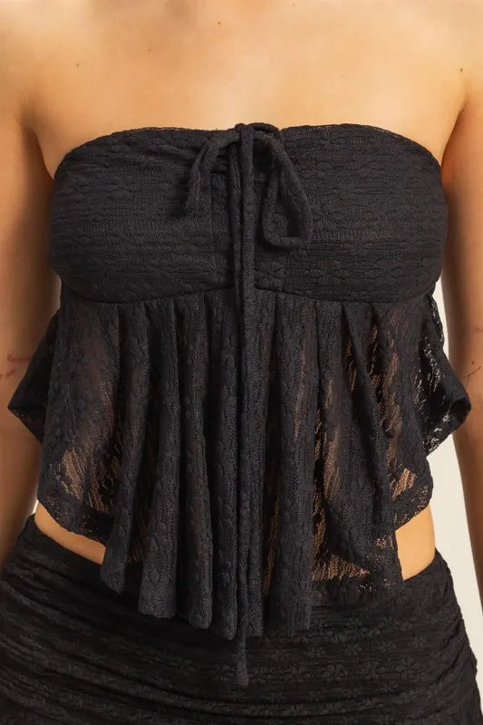 Lace bustier flowy tube top with tie detail, sheer and slightly stretchy.