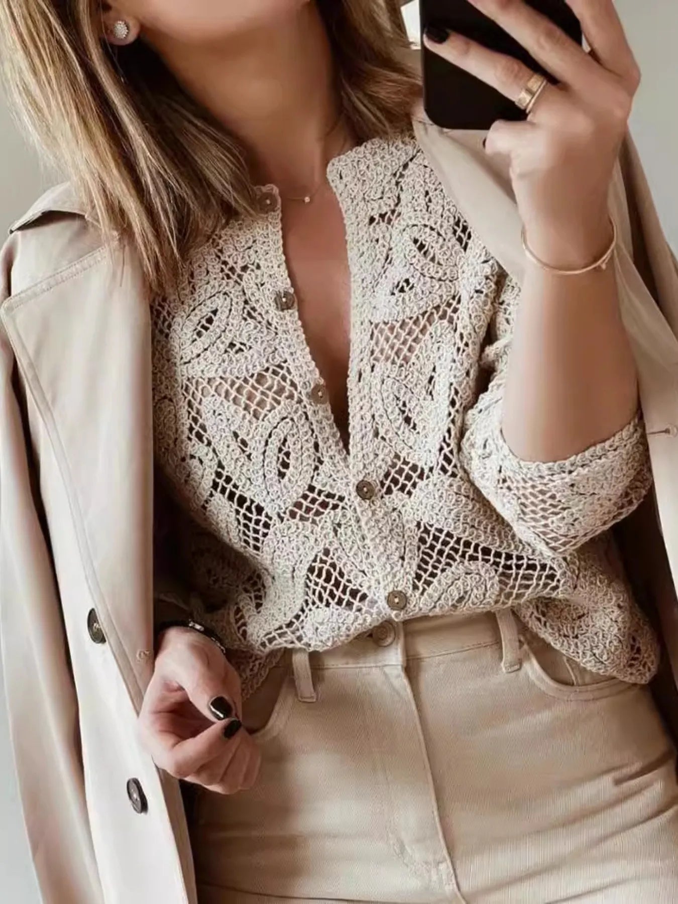 Lace Button-Up Long Sleeve Shirt.