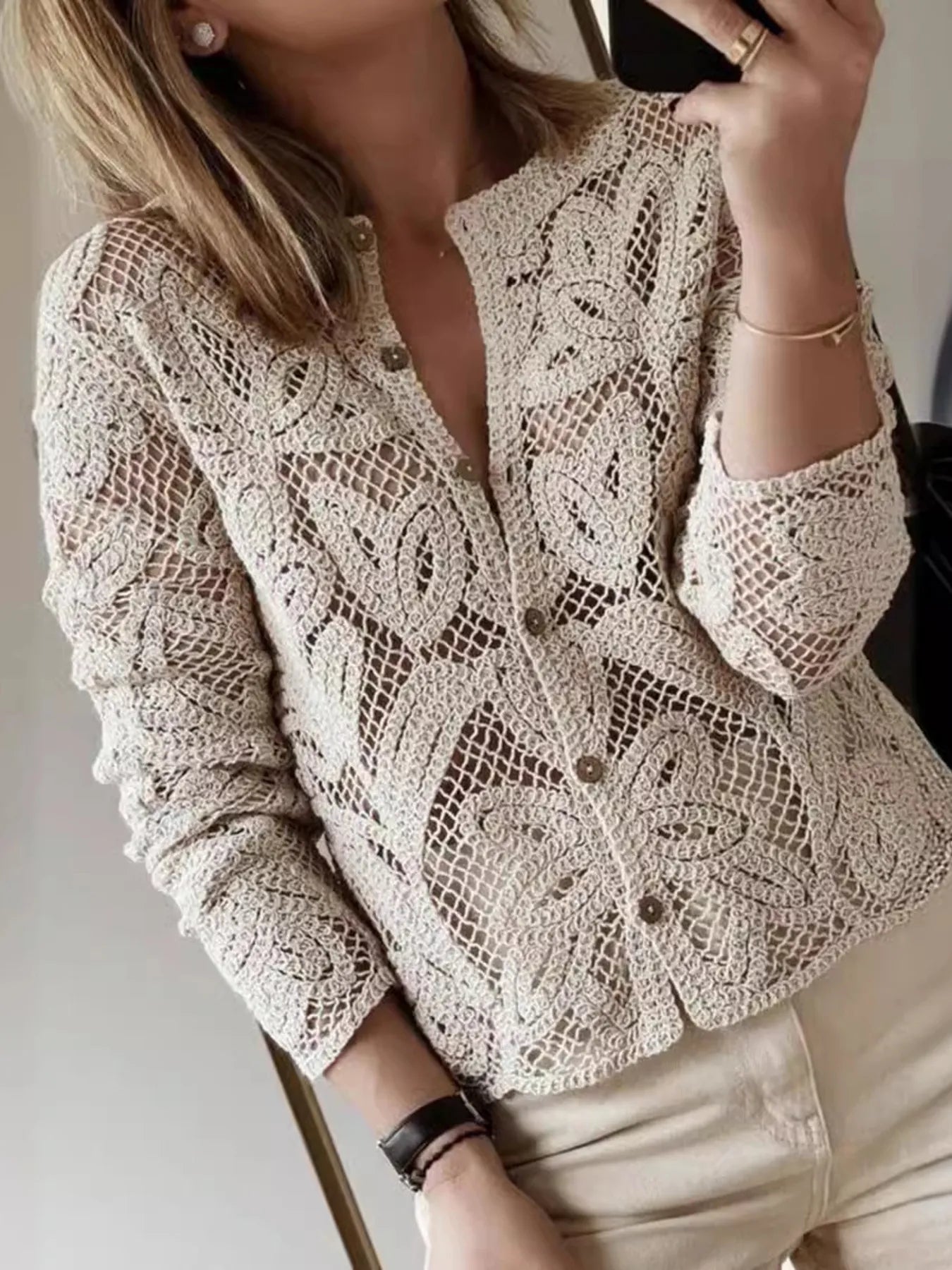Lace Button-Up Long Sleeve Shirt.