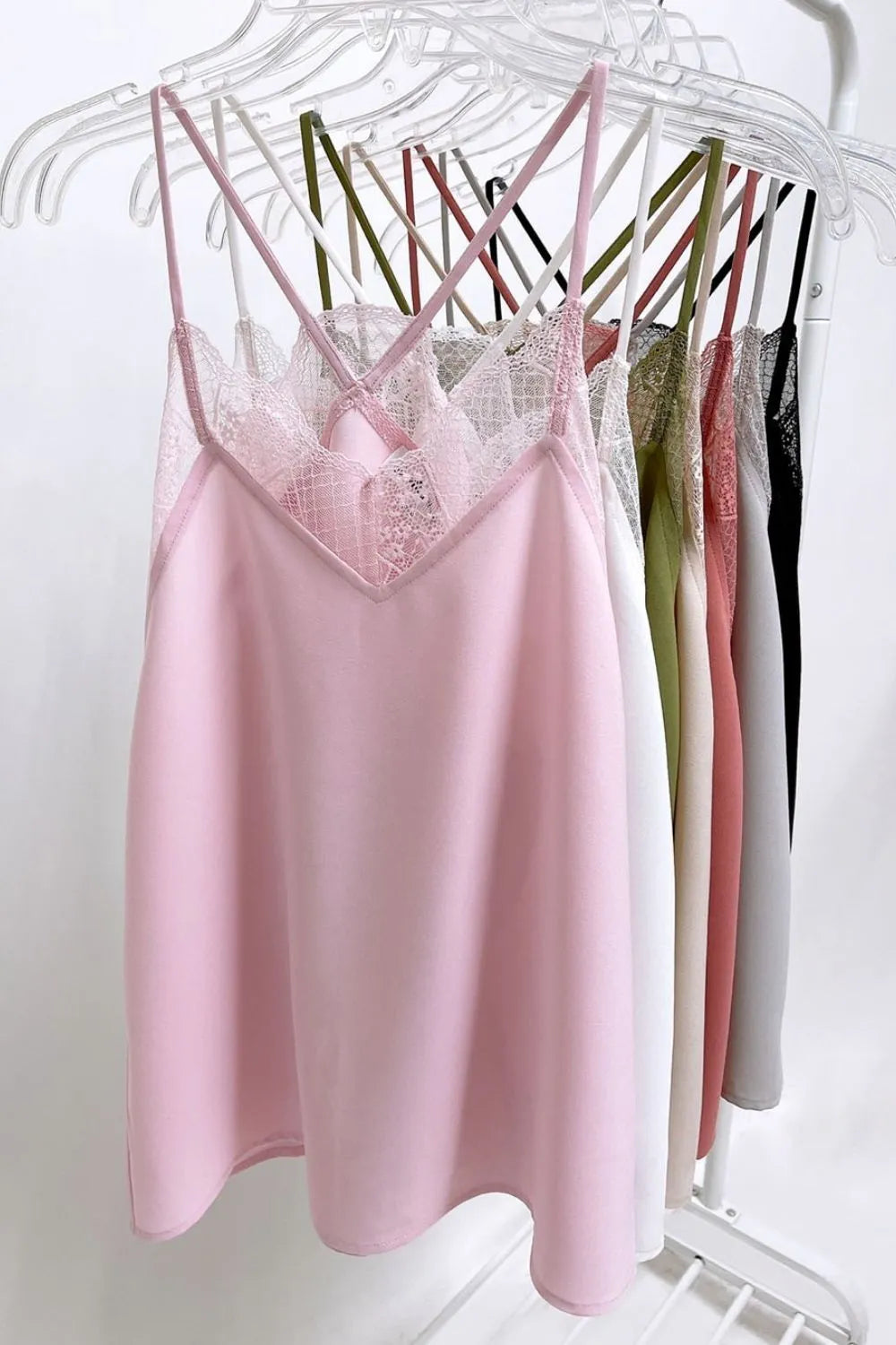 Solid lace cami tank top with lace detail.