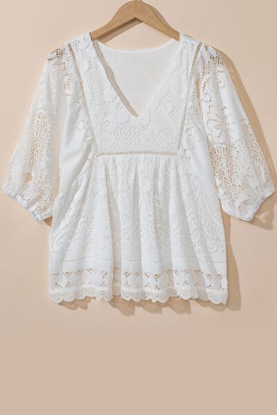 Lace crochet hollowed scallop hem V-neck blouse.