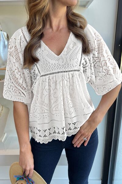 Lace crochet hollowed scallop hem V-neck blouse.
