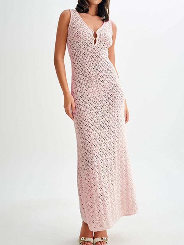 Lace Crochet V-Neck Sleeveless Maxi Dress.