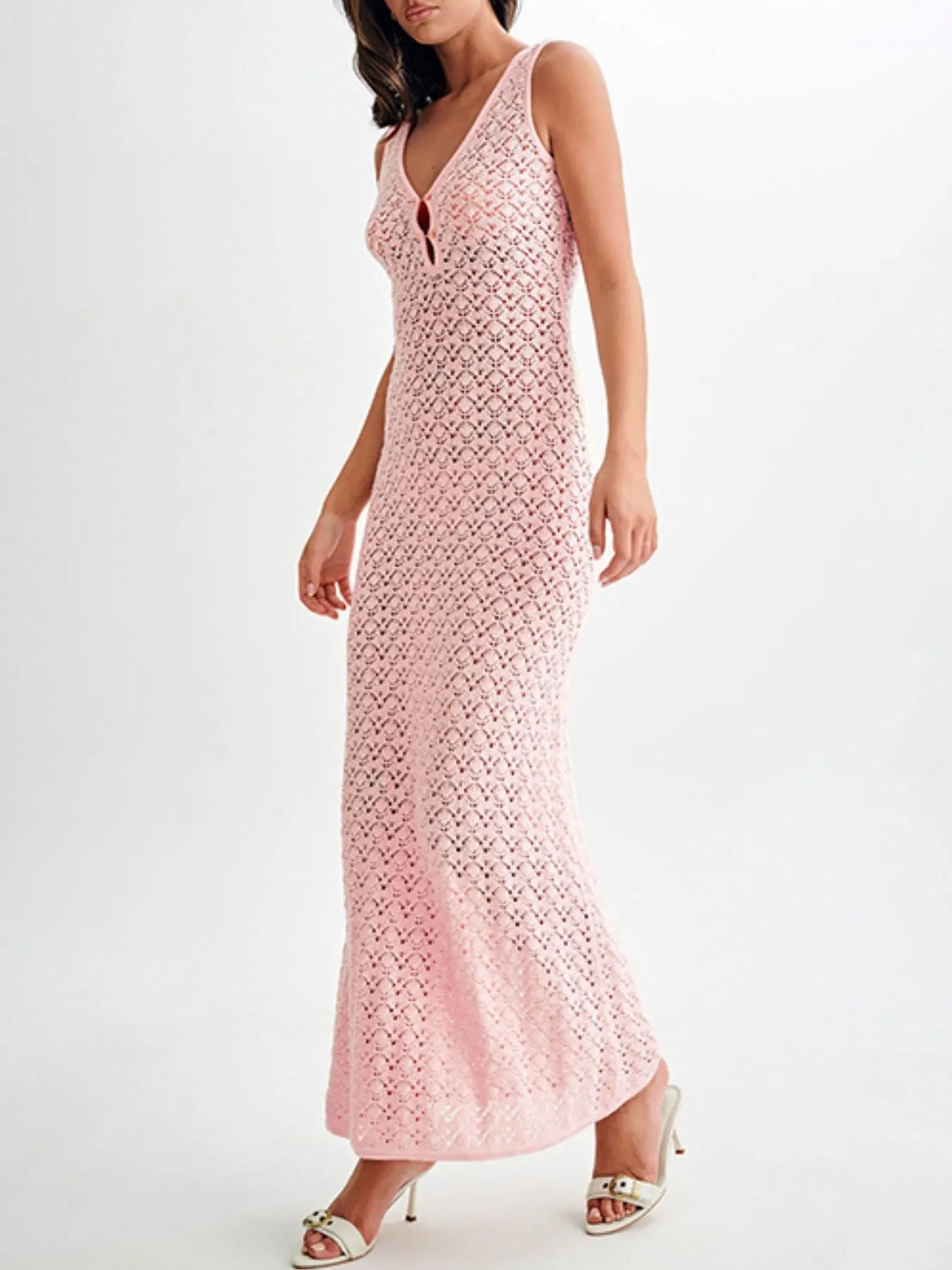 Lace Crochet V-Neck Sleeveless Maxi Dress.