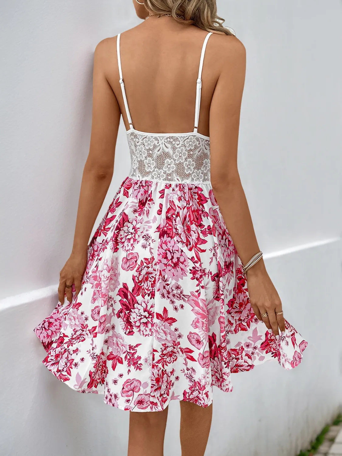 Lace Cutout Floral Print Cami Dress.