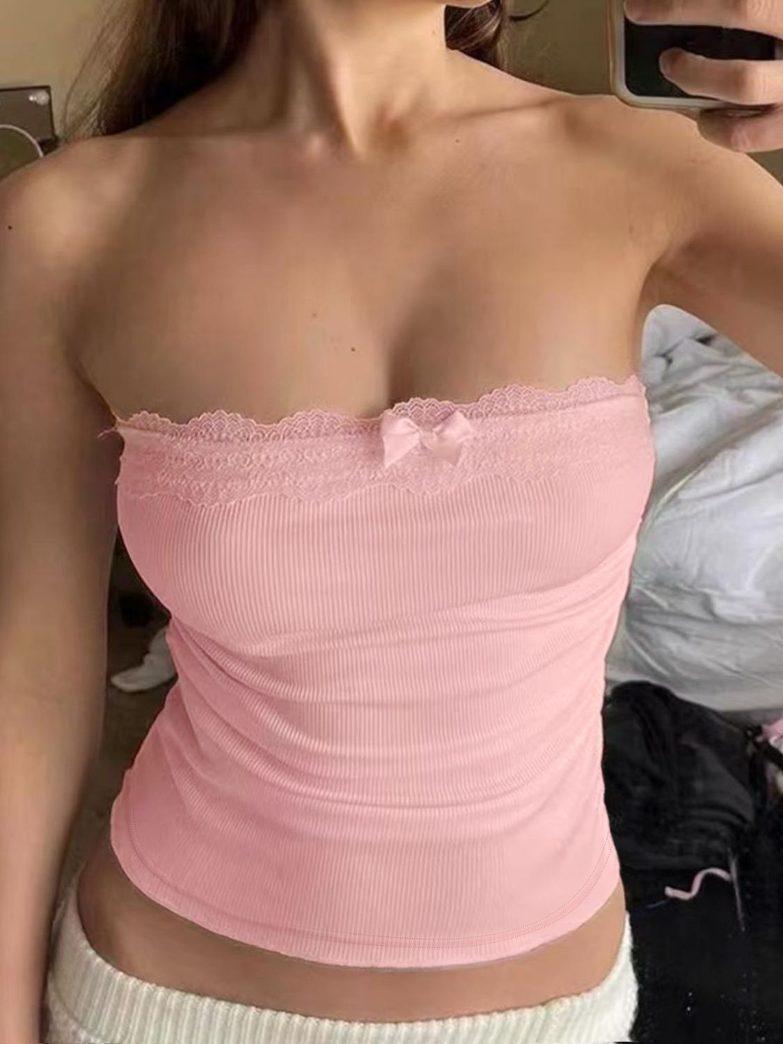Lace detail bow tube top, opaque and highly stretchy.