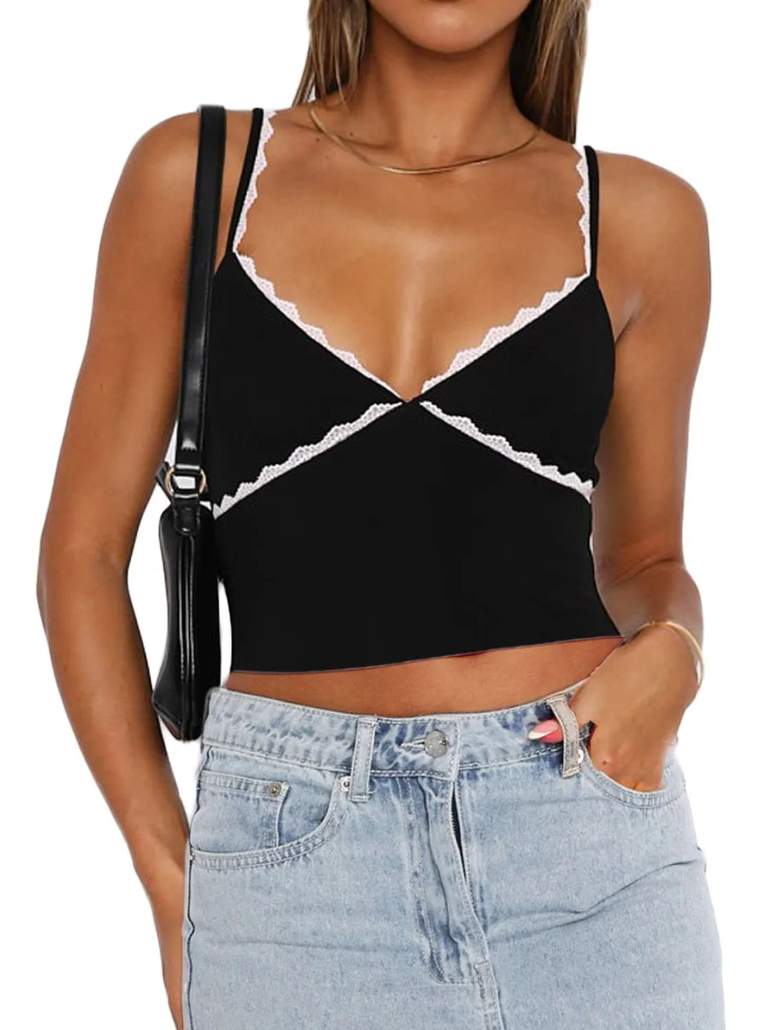 Cami top with lace detail and contrast trim.