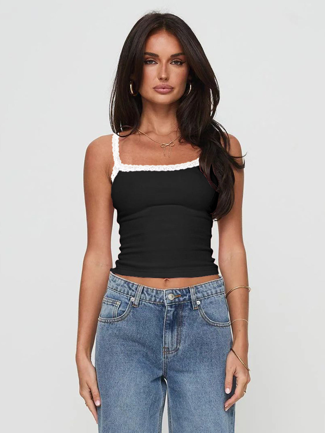 Cropped cami with lace detail.