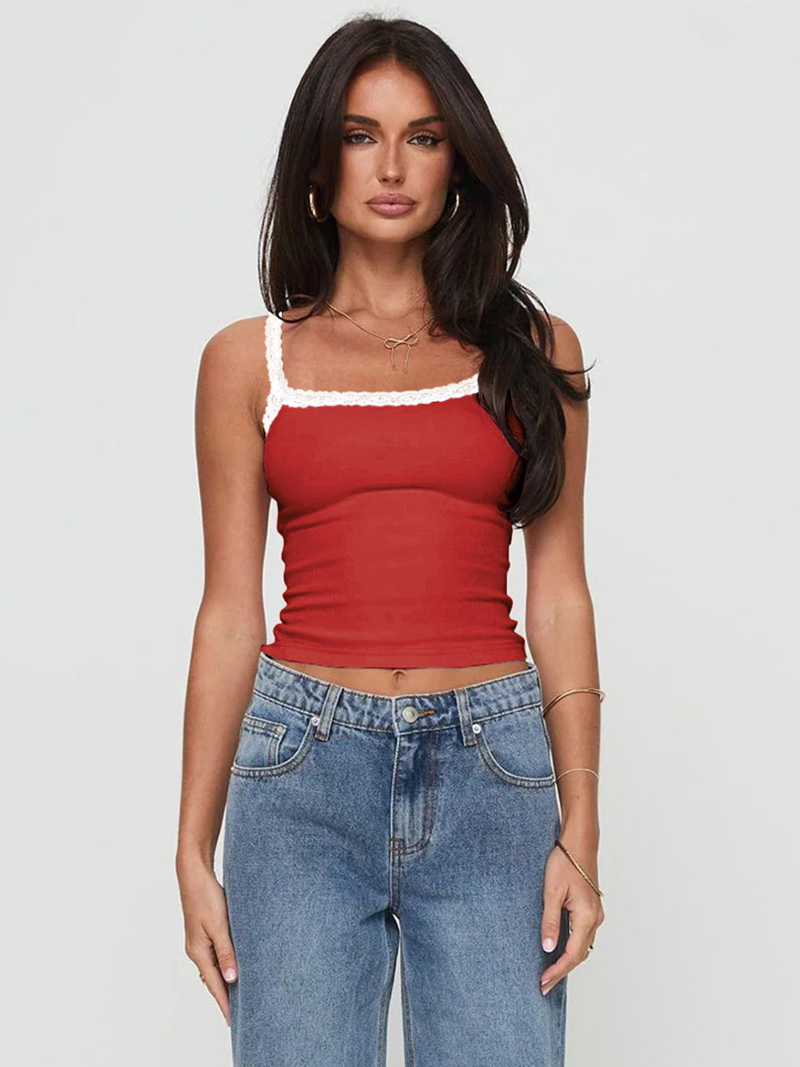 Cropped cami with lace detail.