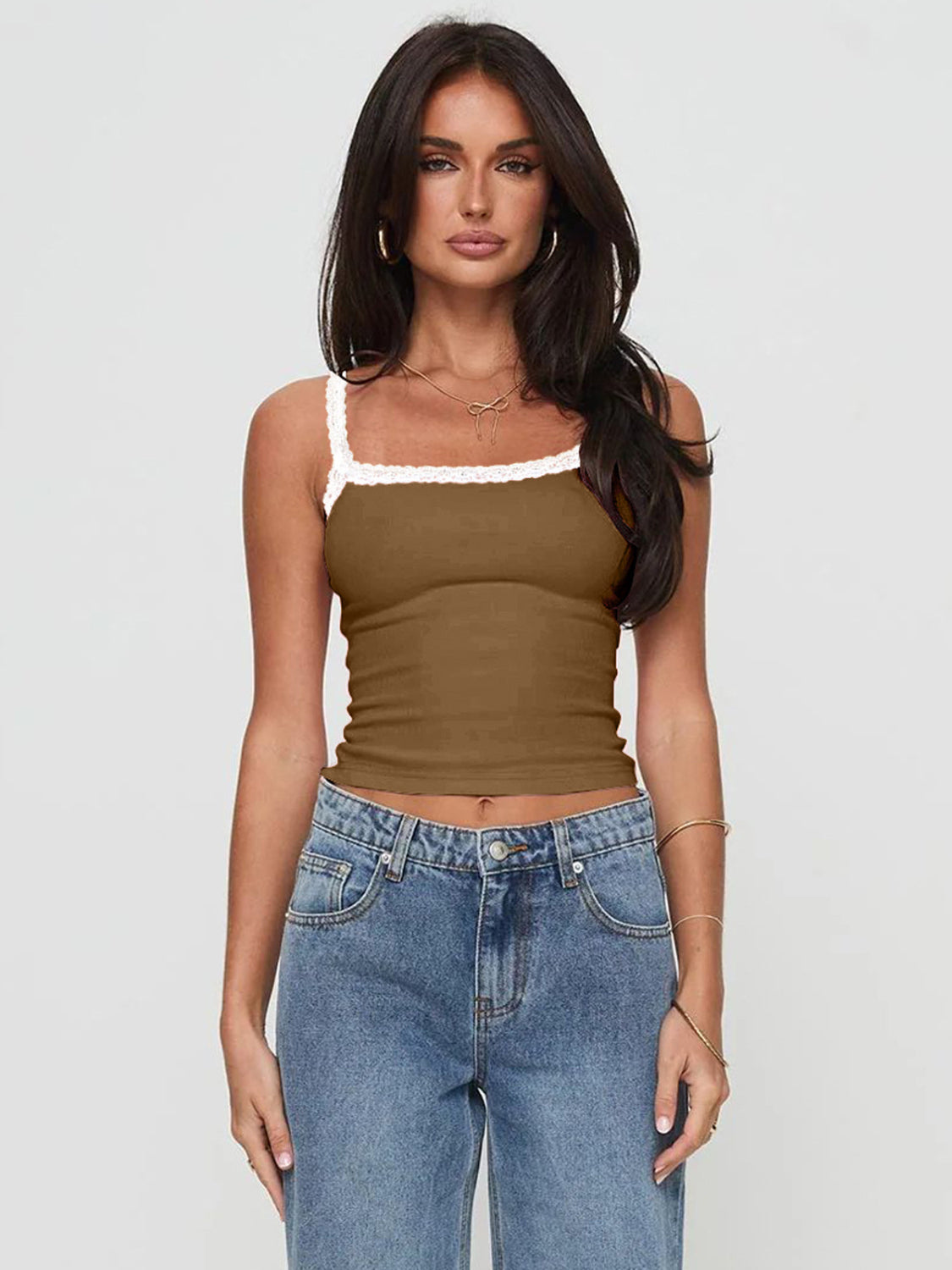 Cropped cami with lace detail.