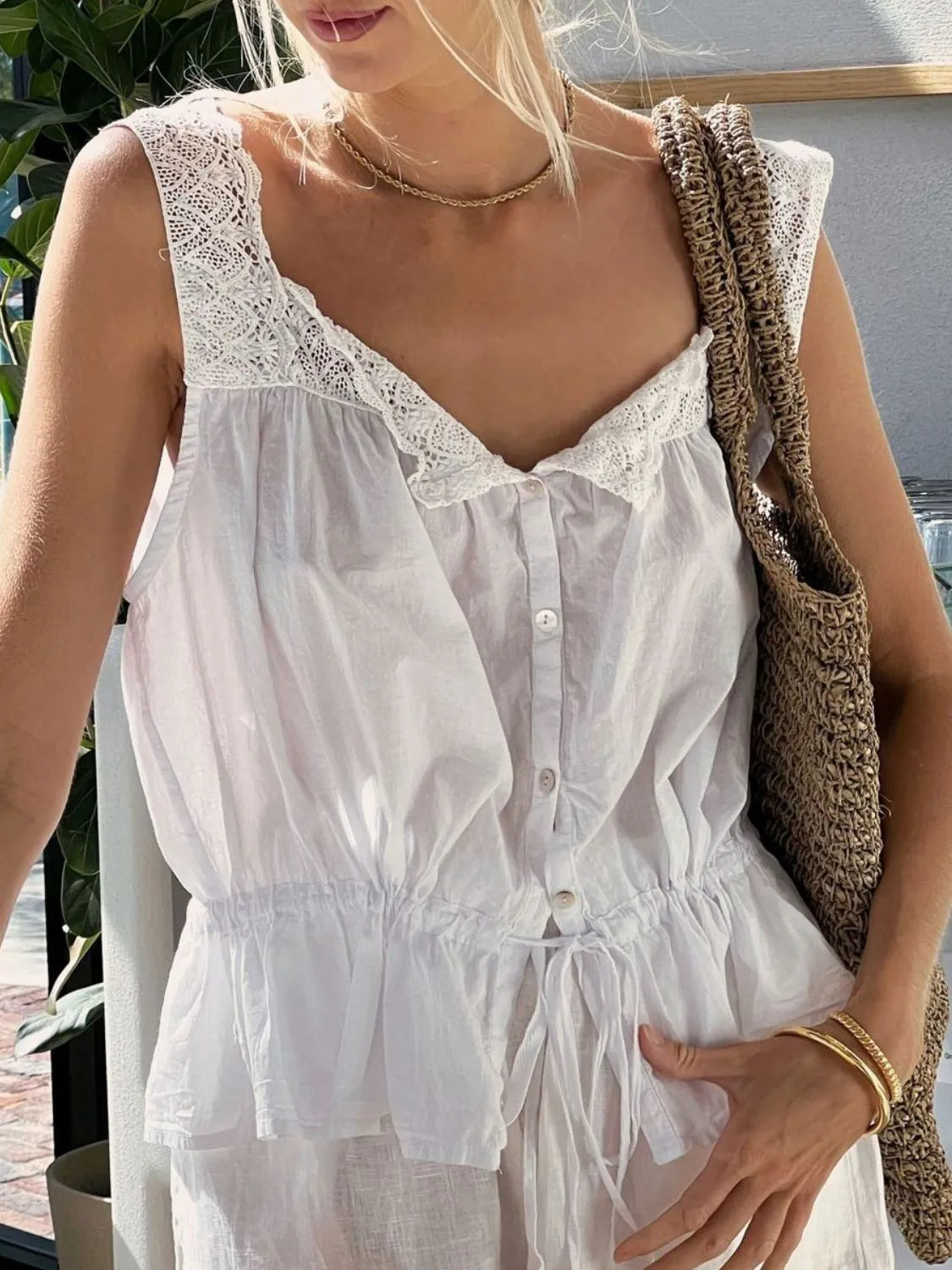 Lace detail drawstring tank with button details.