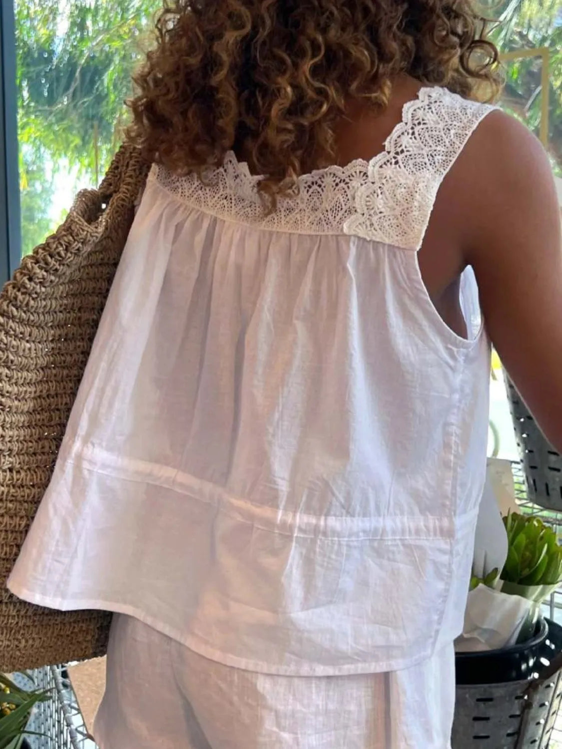 Lace detail drawstring tank with button details.