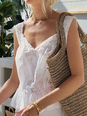 Lace detail drawstring tank with button details.