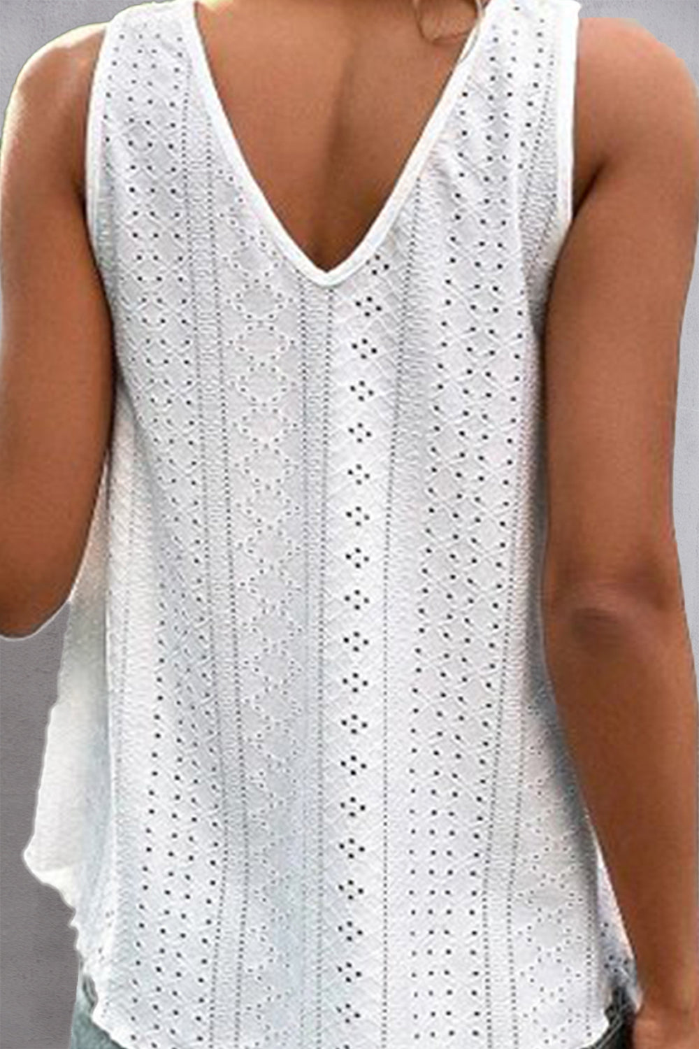 Lace detail eyelet V-neck tank top.