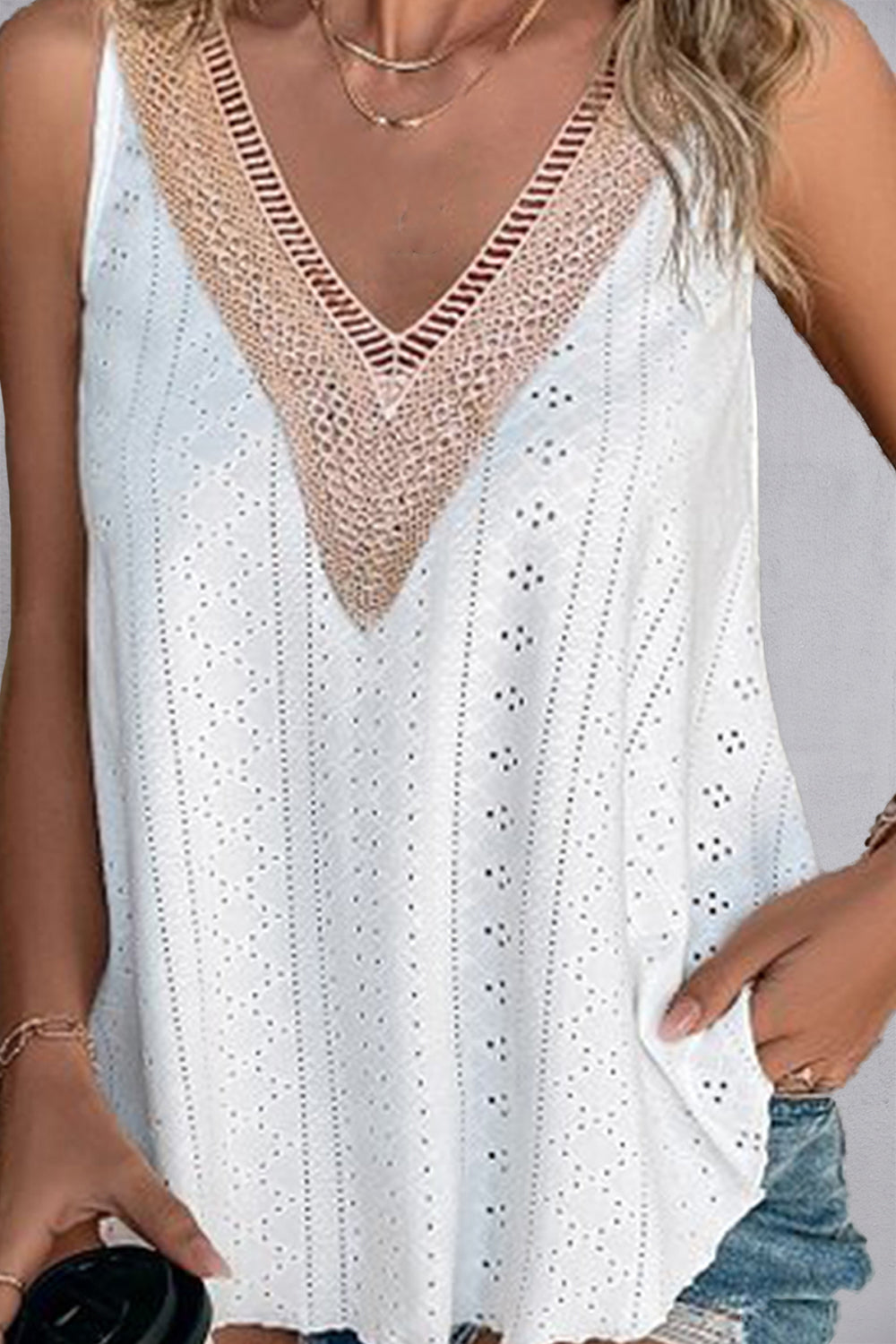 Lace detail eyelet V-neck tank top.