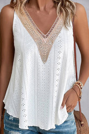 Lace detail eyelet V-neck tank top.