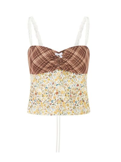 Floral sweetheart neck cami with lace detail, tied back, and bow.