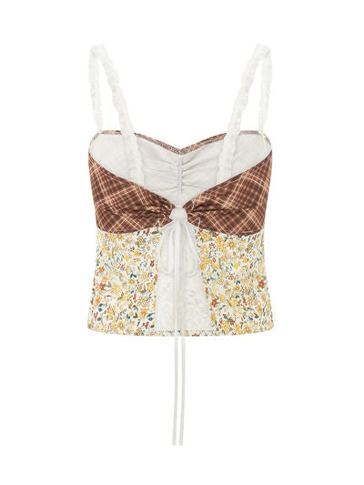 Floral sweetheart neck cami with lace detail, tied back, and bow.