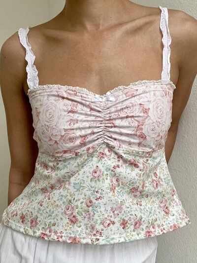 Floral sweetheart neck cami with lace detail, tied back, and bow.