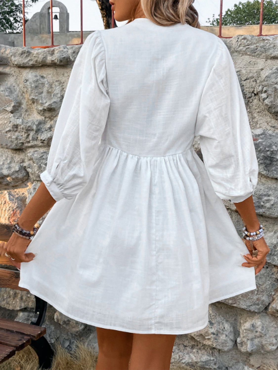Lace Detail Half Button Three-Quarter Sleeve Dress.