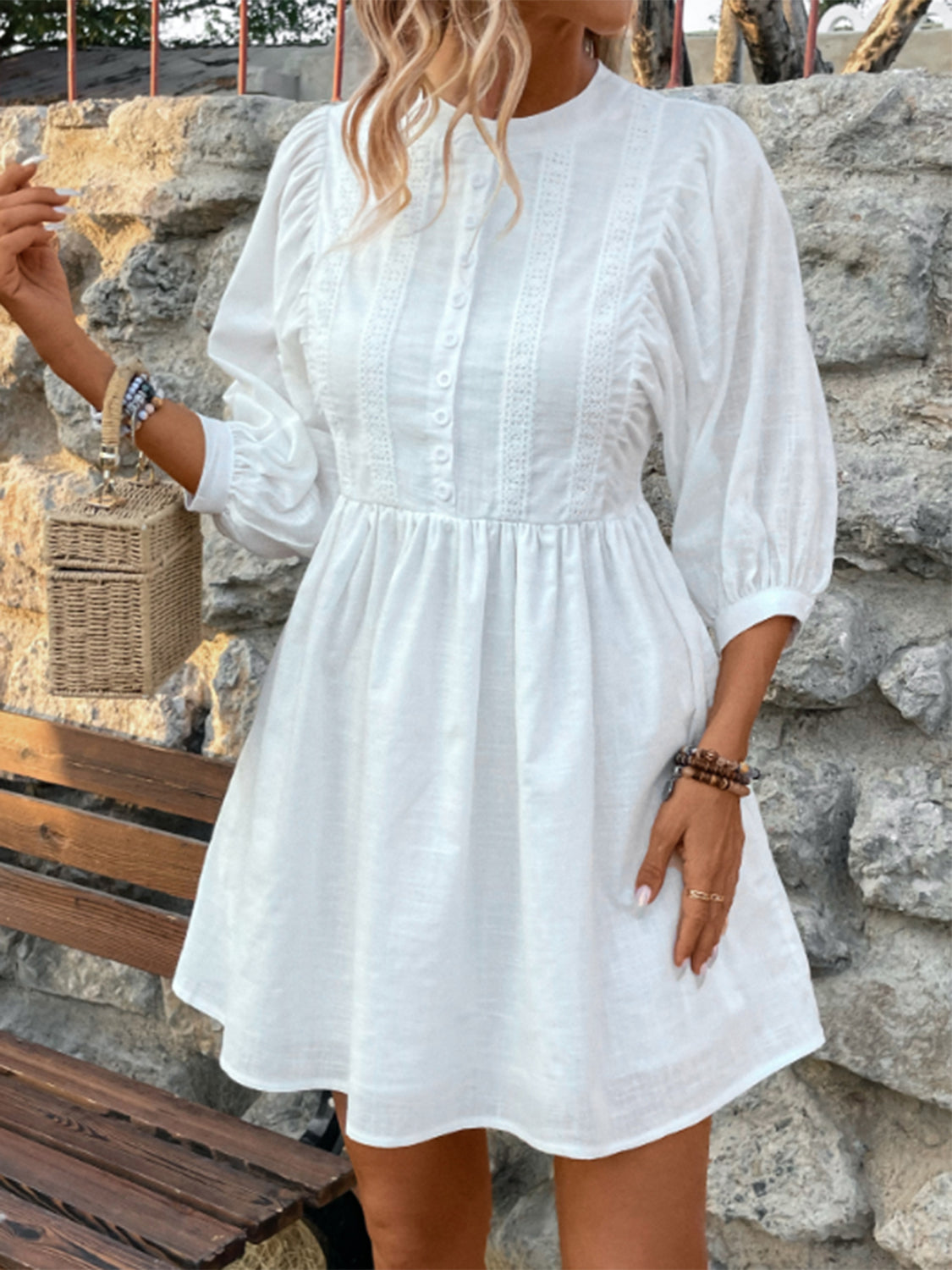 Lace Detail Half Button Three-Quarter Sleeve Dress.