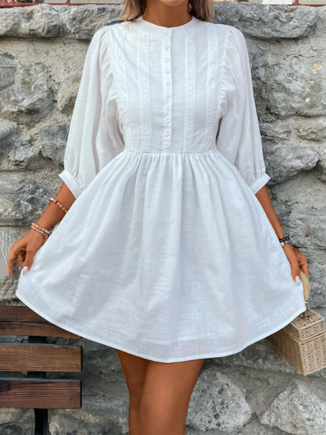 Lace Detail Half Button Three-Quarter Sleeve Dress.