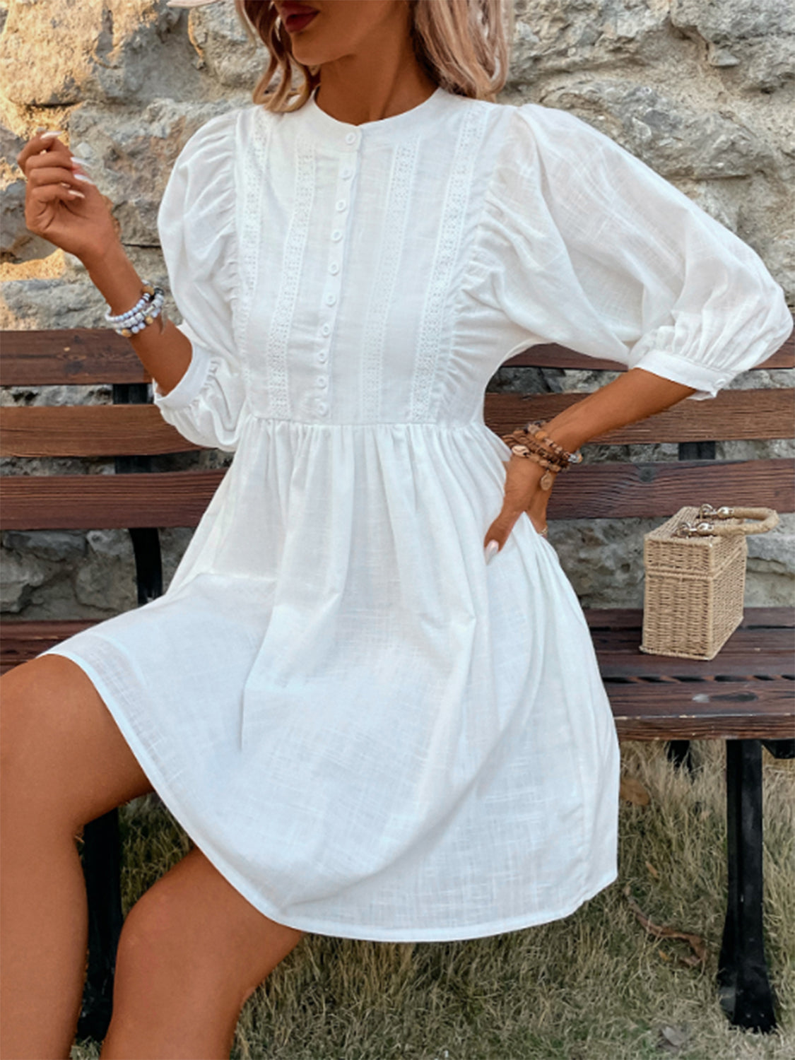Lace Detail Half Button Three-Quarter Sleeve Dress.