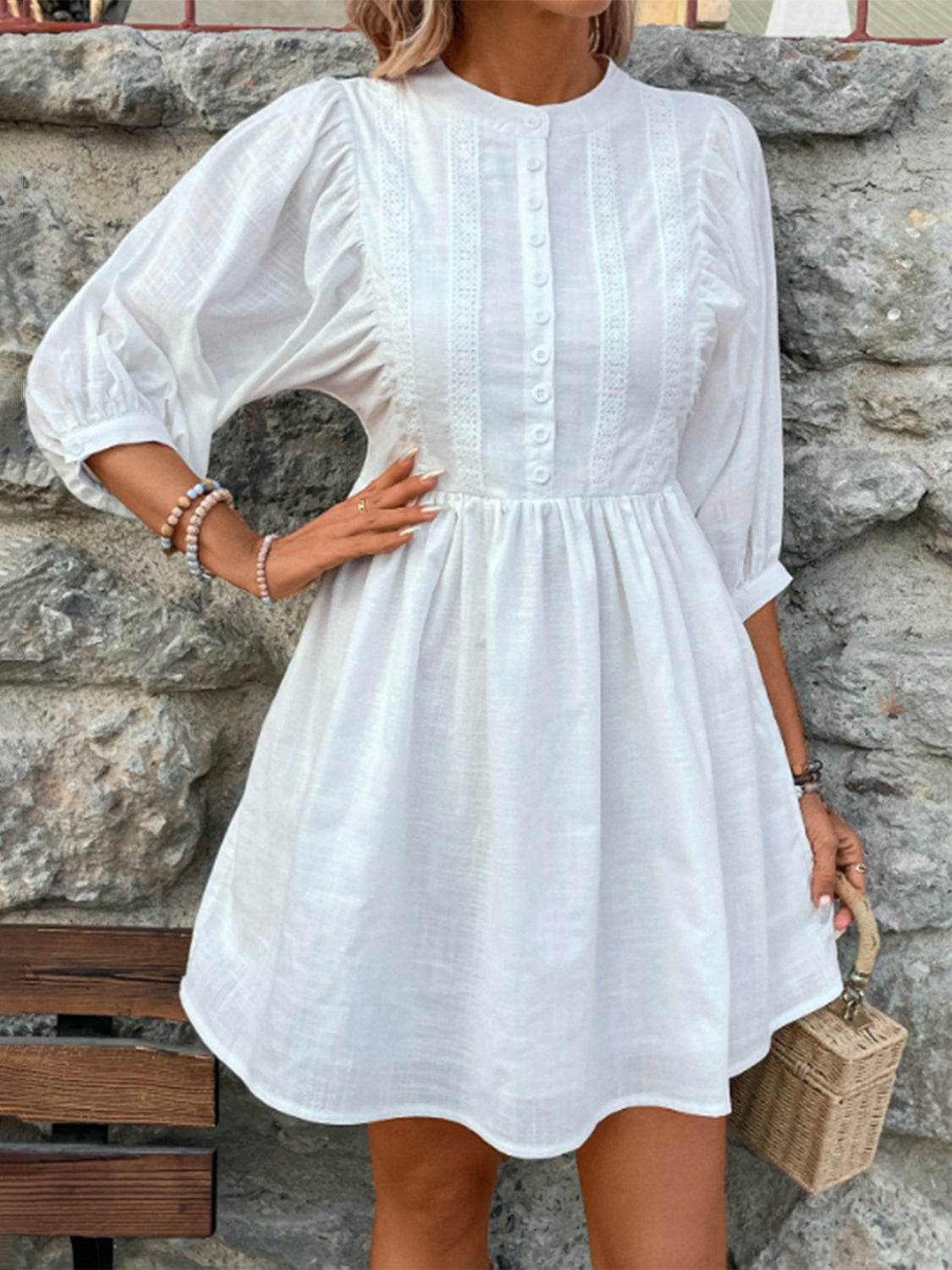 Lace Detail Half Button Three-Quarter Sleeve Dress.