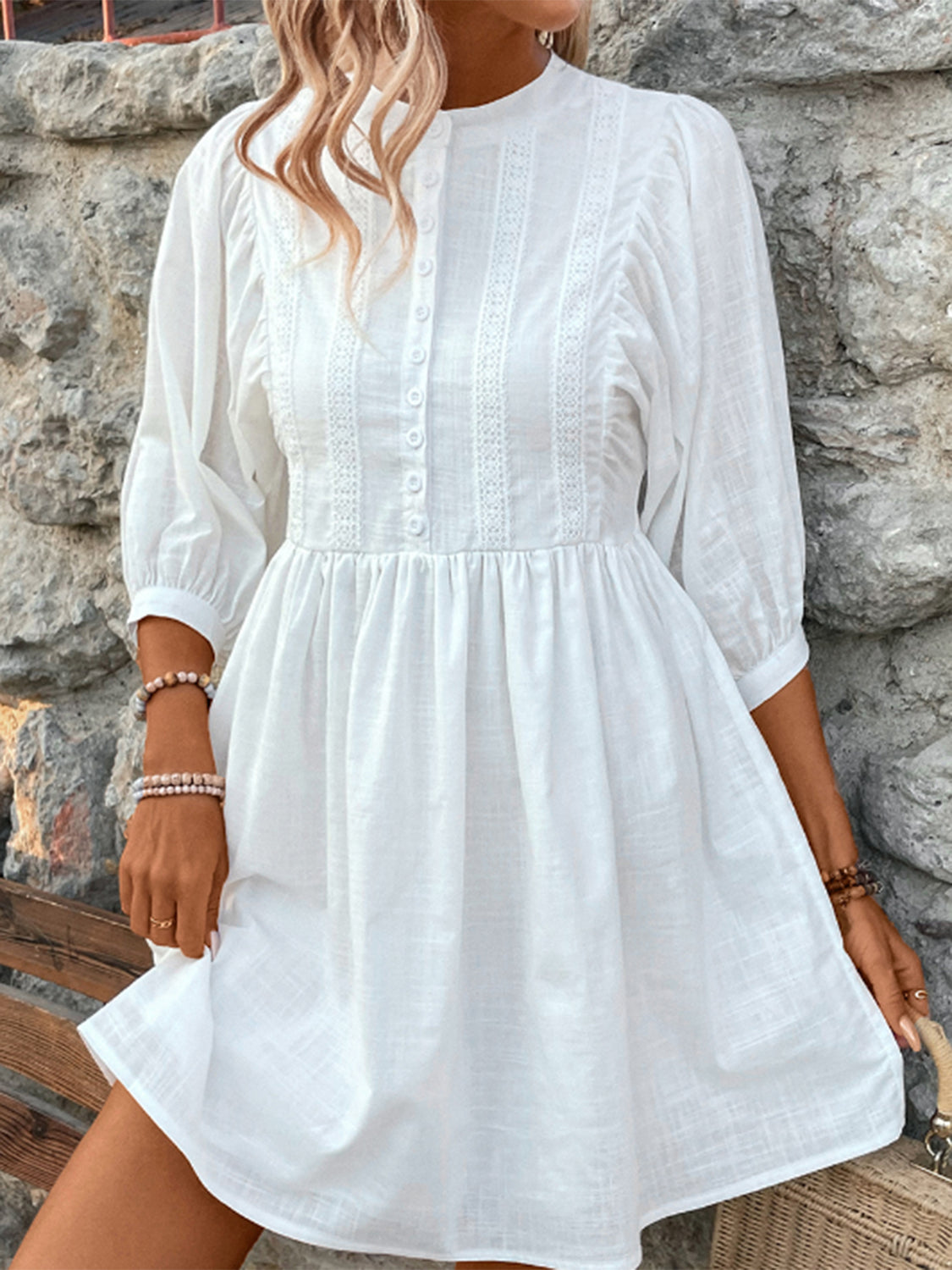 Lace Detail Half Button Three-Quarter Sleeve Dress.