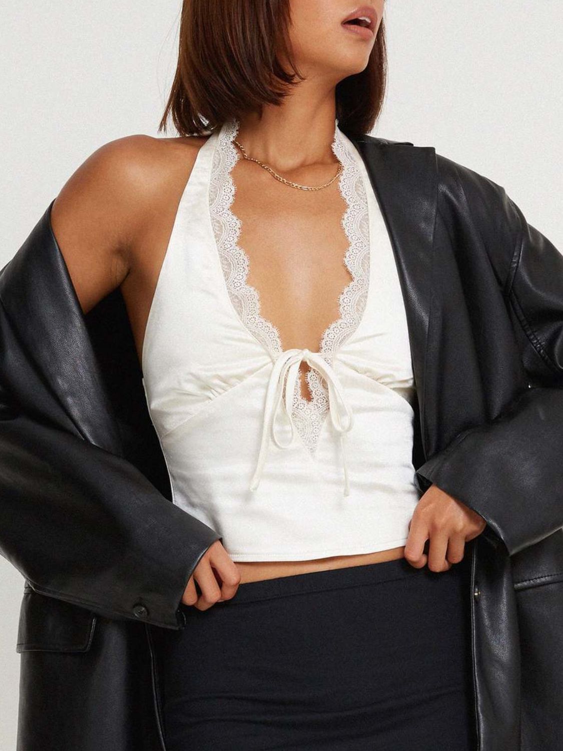 Lace detail halter neck tank top with tie.