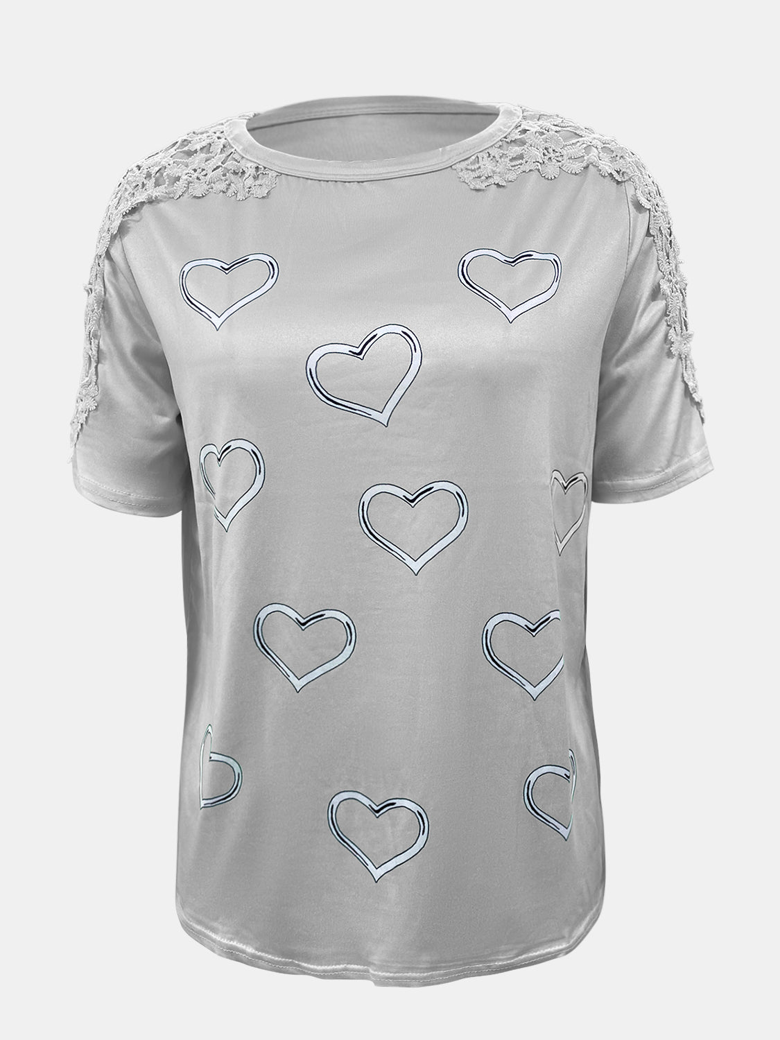Full size lace detail heart round neck short sleeve top.