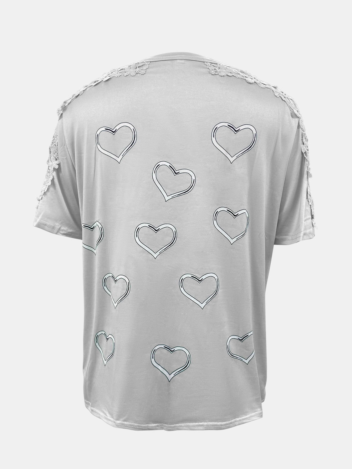 Full size lace detail heart round neck short sleeve top.