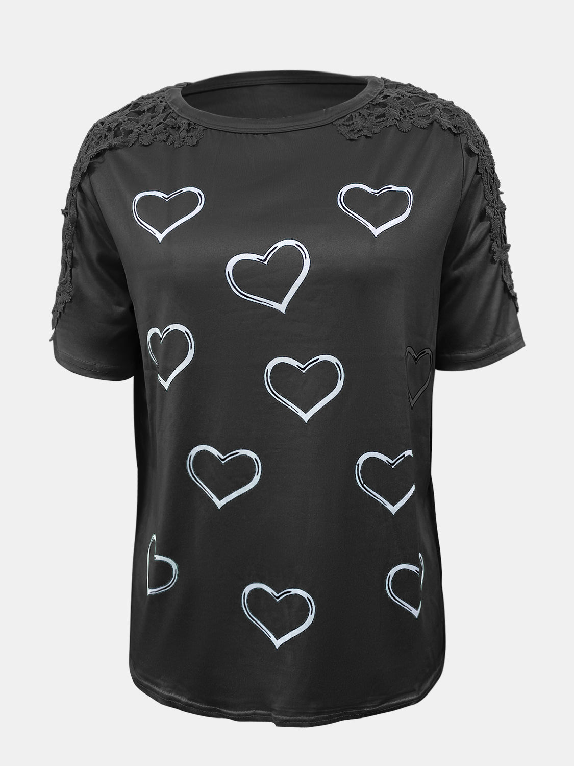 Full size lace detail heart round neck short sleeve top.
