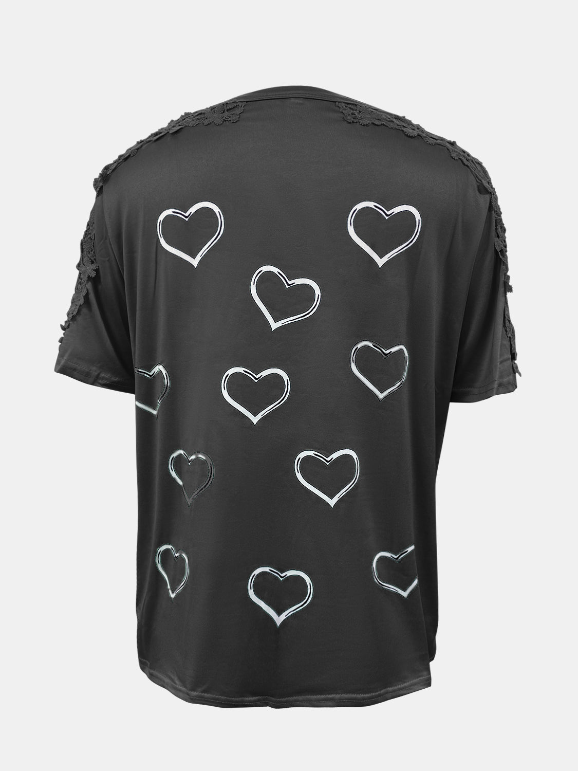 Full size lace detail heart round neck short sleeve top.
