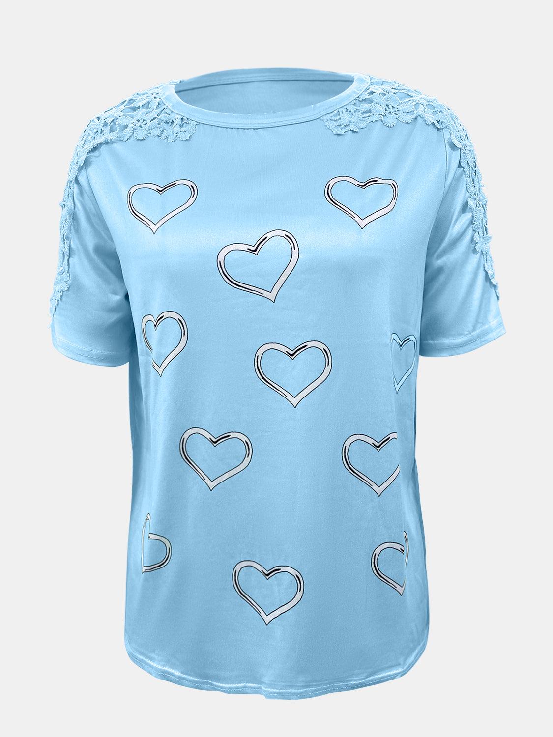 Full size lace detail heart round neck short sleeve top.