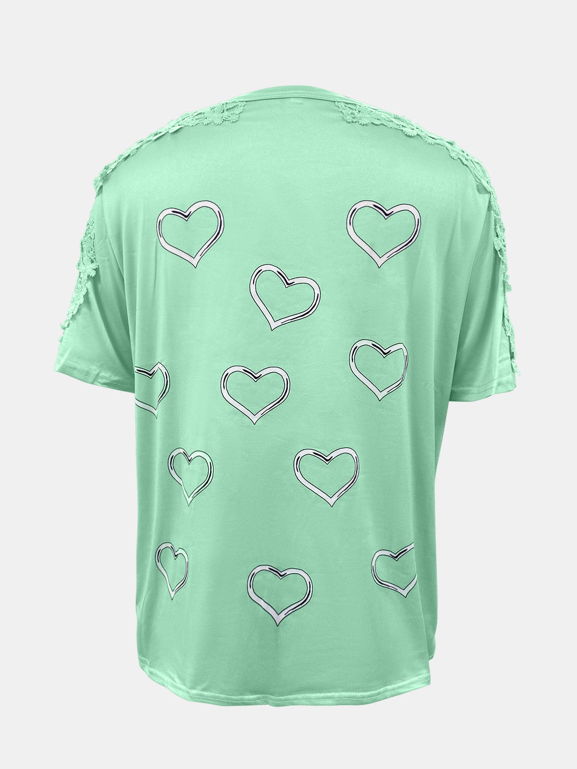 Full size lace detail heart round neck short sleeve top.