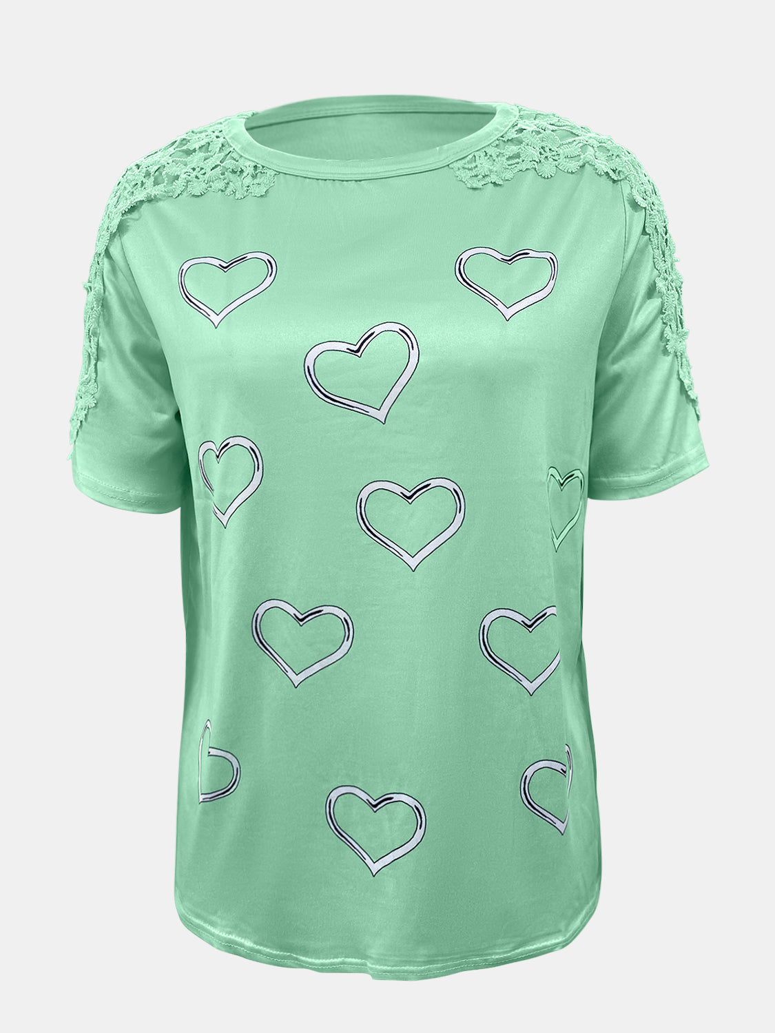 Full size lace detail heart round neck short sleeve top.