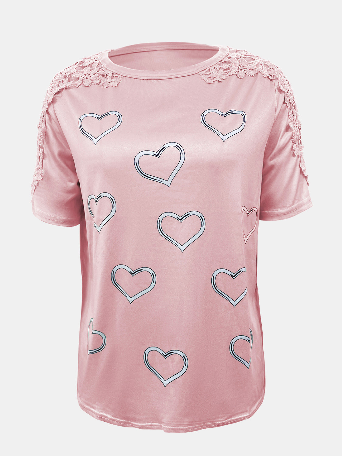 Full size lace detail heart round neck short sleeve top.