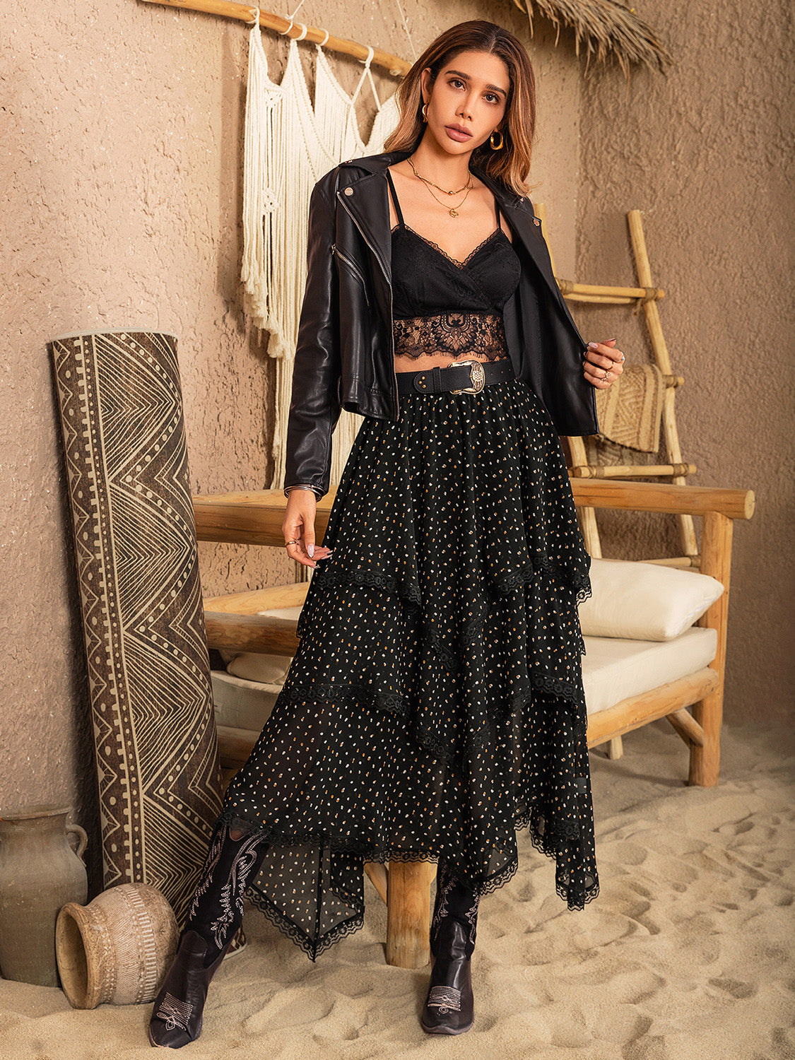 Lace Detail Layered Midi Skirt.