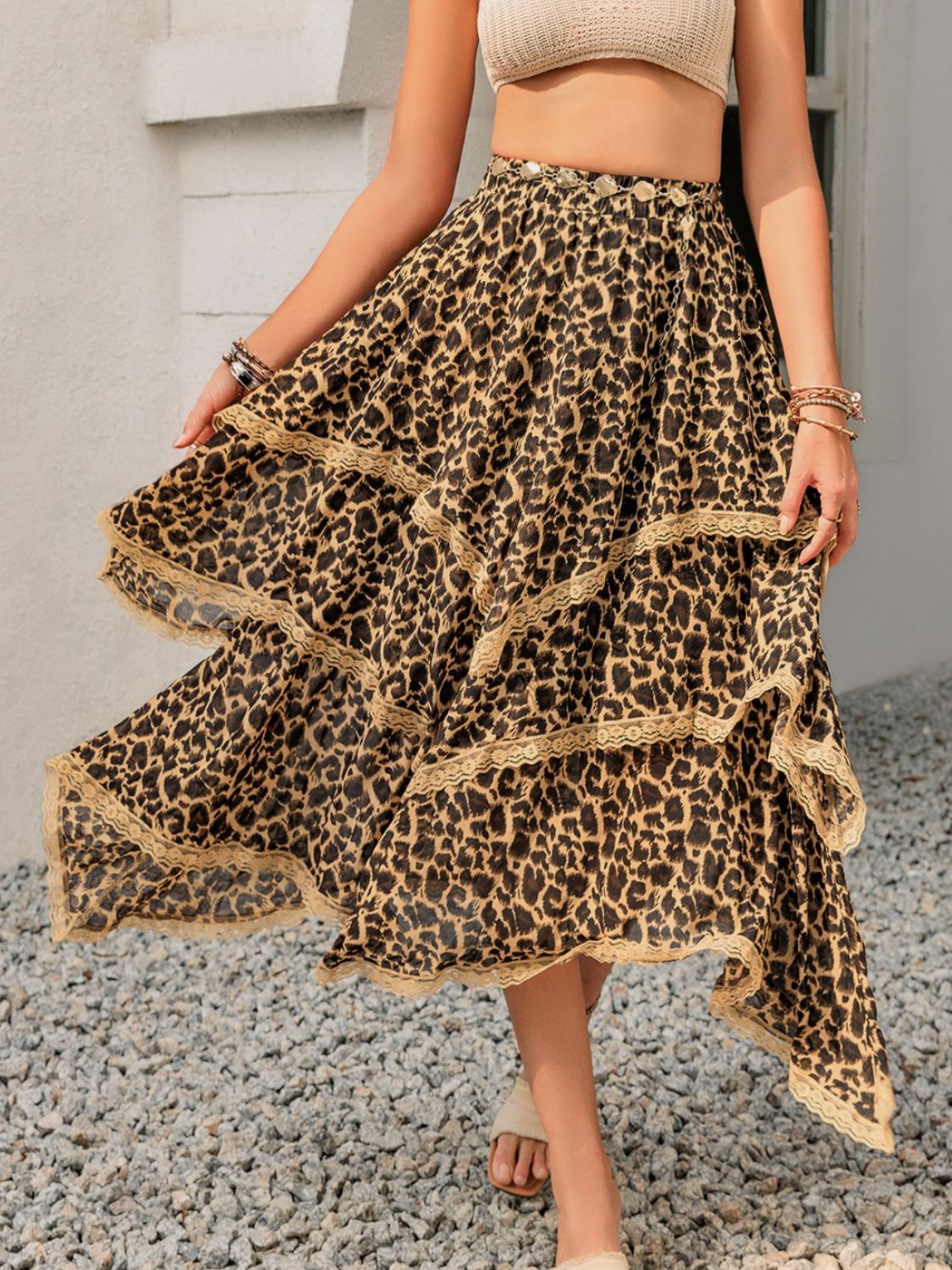 Lace Detail Layered Printed Skirt.