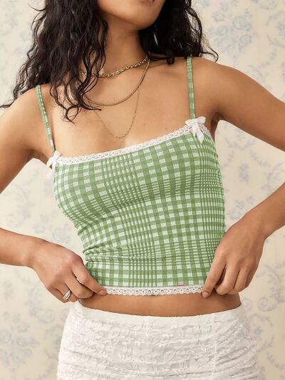 Lace detail plaid square neck cami with bow.