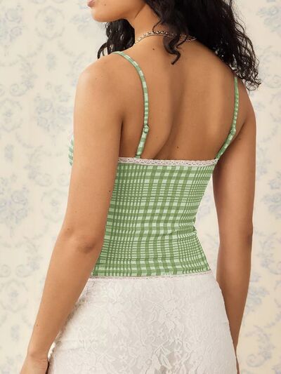 Lace detail plaid square neck cami with bow.