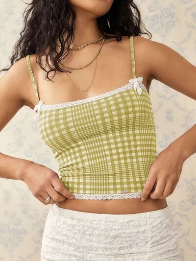 Lace detail plaid square neck cami with bow.