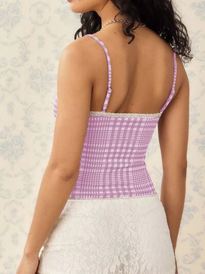 Lace detail plaid square neck cami with bow.