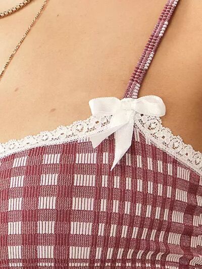 Lace detail plaid square neck cami with bow.