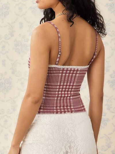 Lace detail plaid square neck cami with bow.