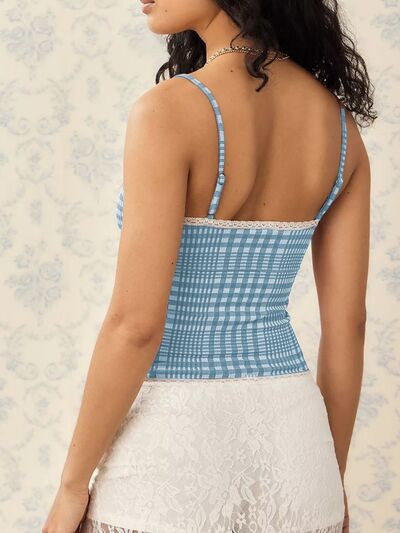 Lace detail plaid square neck cami with bow.